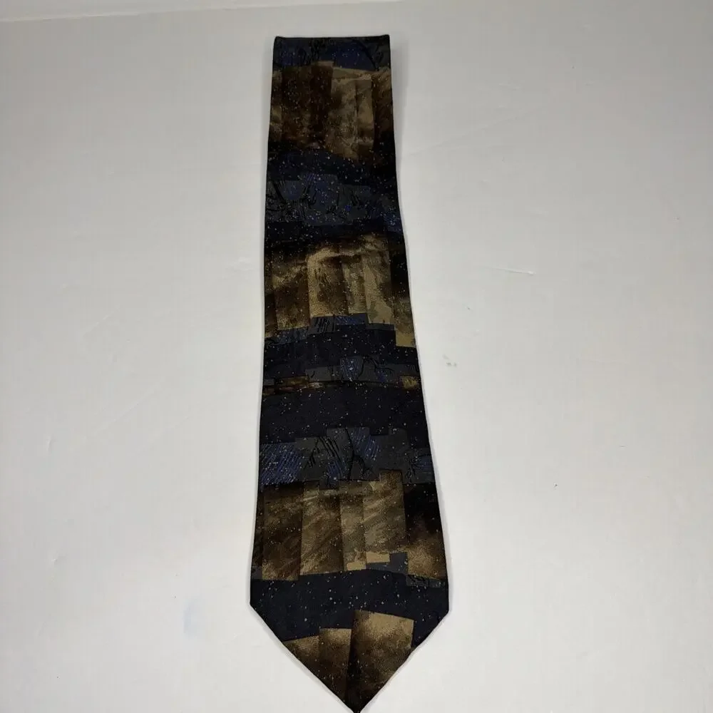 J Ferrar Silk Tie Blue Gold Abstract Art Dark Geometric Necktie Italy Gift